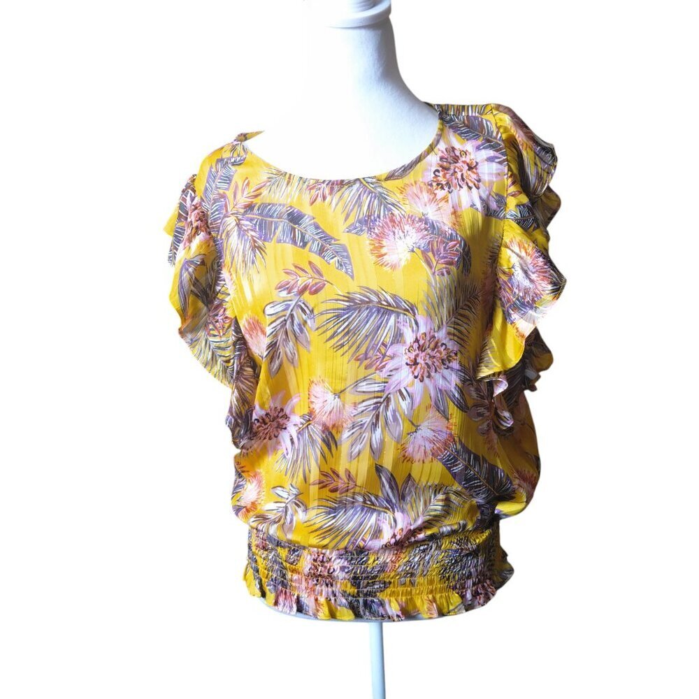 PLEIONE Floral Ruffle Accent Elastic Waist Semi Sheer Blouse Top Size Large